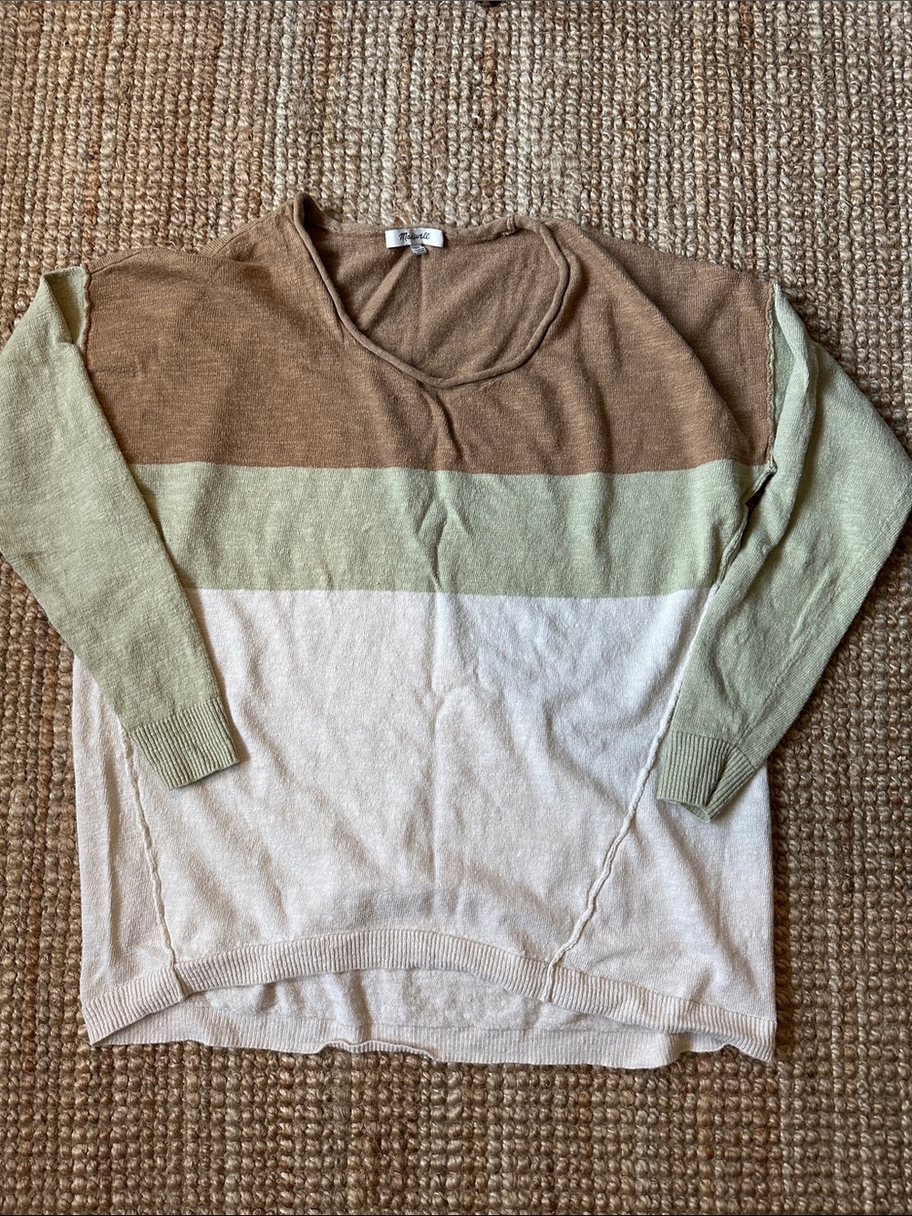 Madewell Colorblock Crewneck Sweater in Brown, Sage & Cream XS